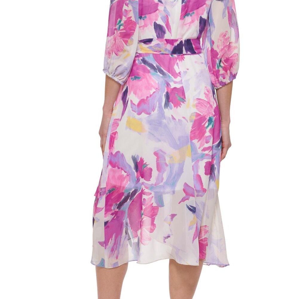 DKNY Women's Floral-Print Balloon-Sleeve Tie-Waist V-Neck Dress Size 12 - Picture 10 of 10